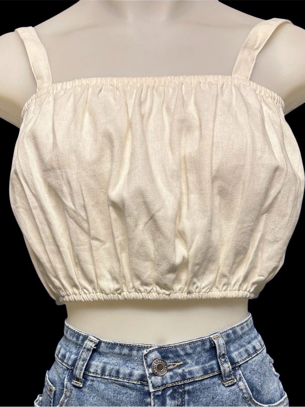Forever 21 Cream Gathered Elastic Hem Crop Top